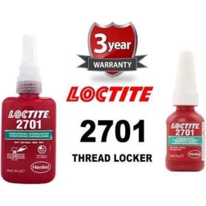 Peut inclure: Deux flacons de Loctite 2701, un flacon de 30 ml et l'autre de 10 ml. Les deux flacons sont rouges avec des étiquettes blanches et le logo Loctite. Le plus grand flacon a un bouchon blanc et le plus petit flacon a un bouchon blanc avec un embout rouge. L'image comprend également le texte "3 year warranty" et "THREAD LOCKER".