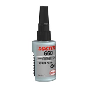 Puede incluir: Una botella plateada de compuesto de retención Loctite 660 Quick Metal. La botella es de 50 ml y tiene una tapa negra.