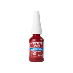 May include: A red bottle of Loctite 243 threadlocker with a white cap. The bottle is labeled "Threadlocker Schrauben Sicherung" and "Medium strength". The bottle is 10 ml/11 g.