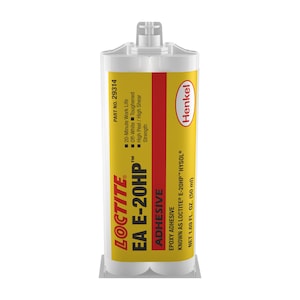 May include: A Loctite EA E-20HP adhesive tube with a yellow and red label. The label includes the text "Epoxy Adhesive" and "Net 50 ml." The tube has a white nozzle and is designed for high peel and shear strength.