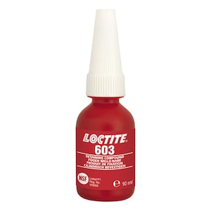 May include: A red bottle of Loctite 603 retaining compound. The bottle is labeled with the product name, "Loctite 603", and the text "Retaining Compound", "F&uuml;gen Welle-Nabe", "Produit de Fixation", and "Cilindirish Befestigen". The bottle is also labeled with "e 10 ml" and has an NSF logo with the text "Listed P1 Reg. No. 123003".