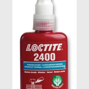 May include: A red bottle of Loctite 2400 threadlocker with a white cap. The bottle is labeled with the product name, strength, and safety information. The bottle is 50 ml.