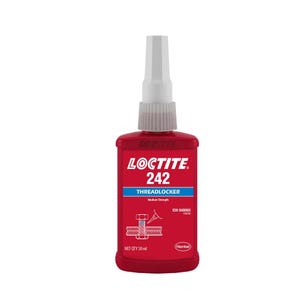 Puede incluir: Una botella roja de fijador de roscas Loctite 242 con una tapa blanca. La botella está etiquetada como "Fijador de roscas" y "Resistencia media". La botella contiene 50 ml de producto.