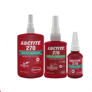 May include: Three bottles of red Loctite 270 threadlocker in different sizes: 250 ml, 50 ml, and 10 ml. The bottles are labeled with the product name, size, and NSF certification.