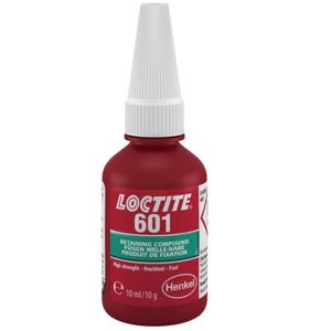 May include: A red bottle of Loctite 601 retaining compound with a white cap. The bottle is labeled "RETAINING COMPOUND F&Uuml;GEN WELLE-NABE PRODUIT DE FIXATION" and "High strength - Hochfest - Fort". The bottle contains 10 ml/10 g of product.
