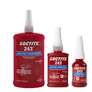 May include: Three bottles of Loctite 243 threadlocker in red bottles with white caps. The bottles are labelled with the product name, size, and instructions. The largest bottle is 250 ml, the middle bottle is 50 ml, and the smallest bottle is 10 ml.
