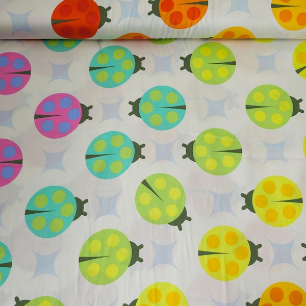 White Tiny Beasts Ladybug Cotton Sateen Fabric - Tula Pink - 106” (270cm) Wide - Perfect for Quilting & Dressmaking