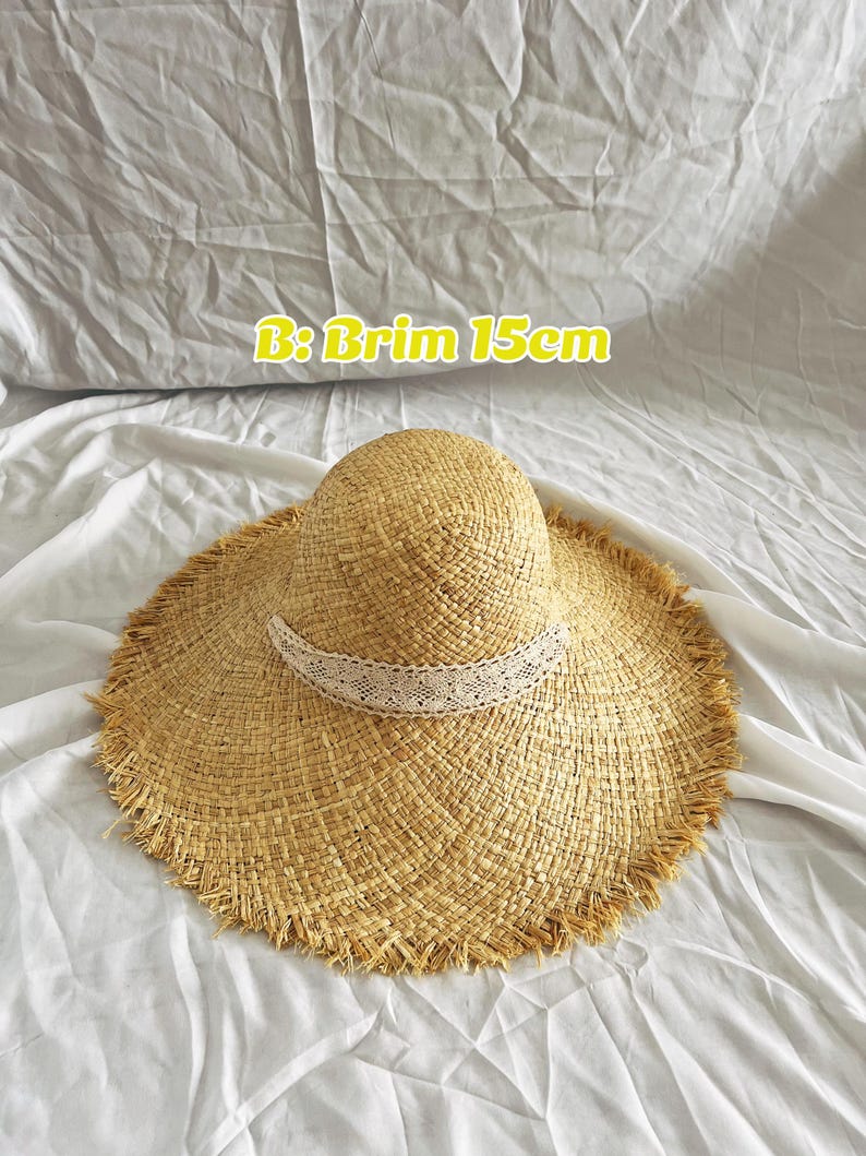 Naturlig raffiahalm Floppy vintagehatt, Frankrike hatt med bred brätte, stråhatt med fransar, strandhatt, damhatt, Billabong stråhatt bild 4