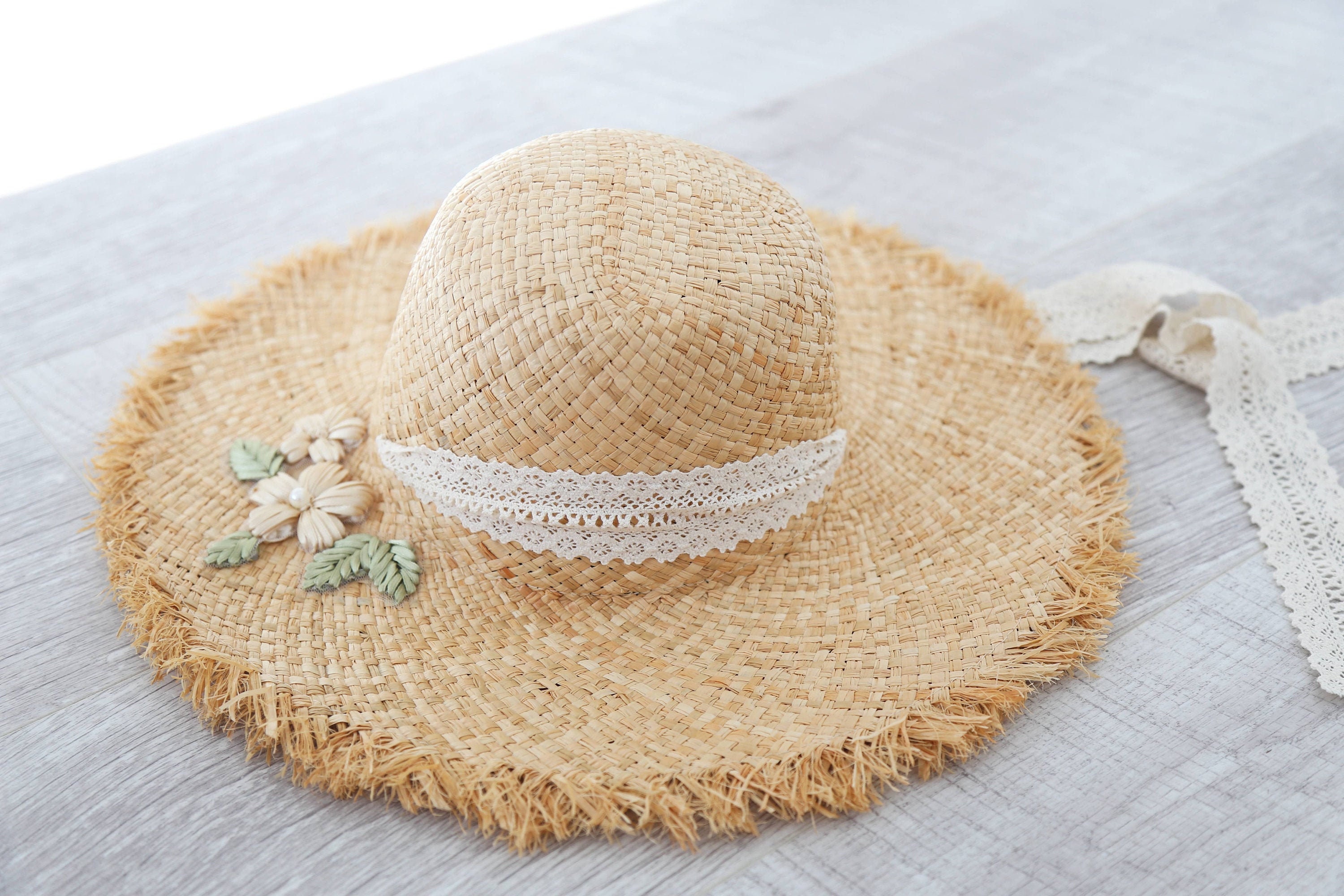 Natural Raffia Straw Floppy vintage hat, France wide brim hat, fringe straw hat, ribbon,beach hat, Kentucky Derby women hat