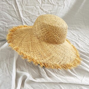 Naturlig raffiahalm Floppy vintagehatt, Frankrike hatt med bred brätte, stråhatt med fransar, strandhatt, damhatt, Billabong stråhatt bild 2