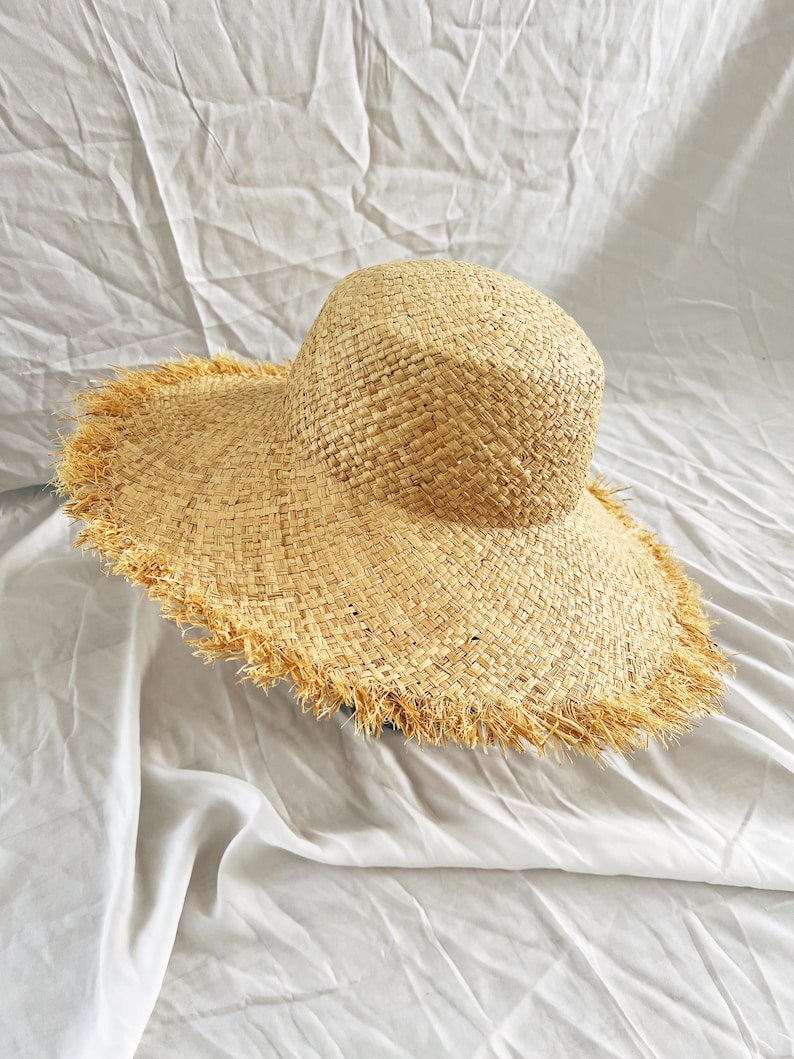 Naturlig raffiahalm Floppy vintagehatt, Frankrike hatt med bred brätte, stråhatt med fransar, strandhatt, damhatt, Billabong stråhatt bild 2