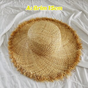 Naturlig raffiahalm Floppy vintagehatt, Frankrike hatt med bred brätte, stråhatt med fransar, strandhatt, damhatt, Billabong stråhatt bild 3