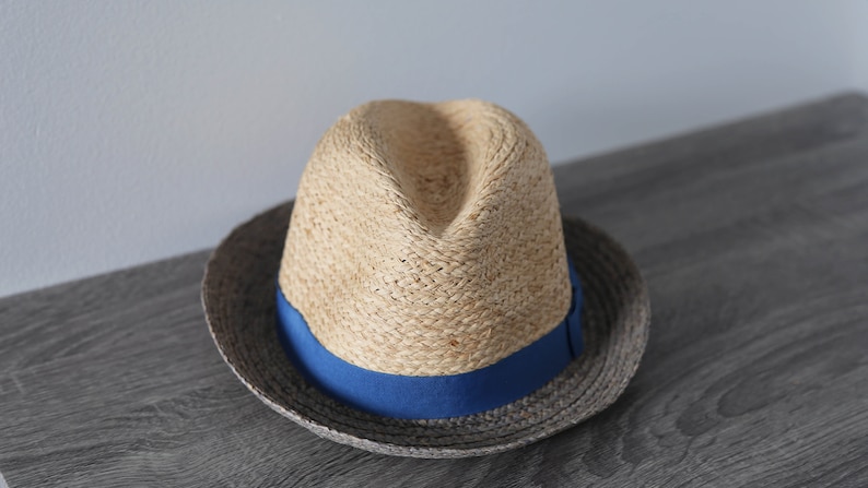 May include: A straw hat with a blue ribbon band. The hat has a wide brim and is made of a natural woven material.