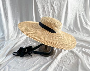 Natural Straw Wide brim straw hat, France wide brim hat,  vintage hat, ribbon, lady, women,  beach hat, billabong straw hat, black straw hat