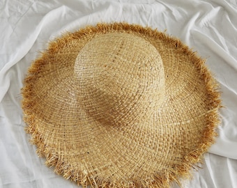 Natural Raffia Straw Floppy vintage hat, France wide brim hat,  fringe straw hat,beach hat, women hat,billabong straw hat