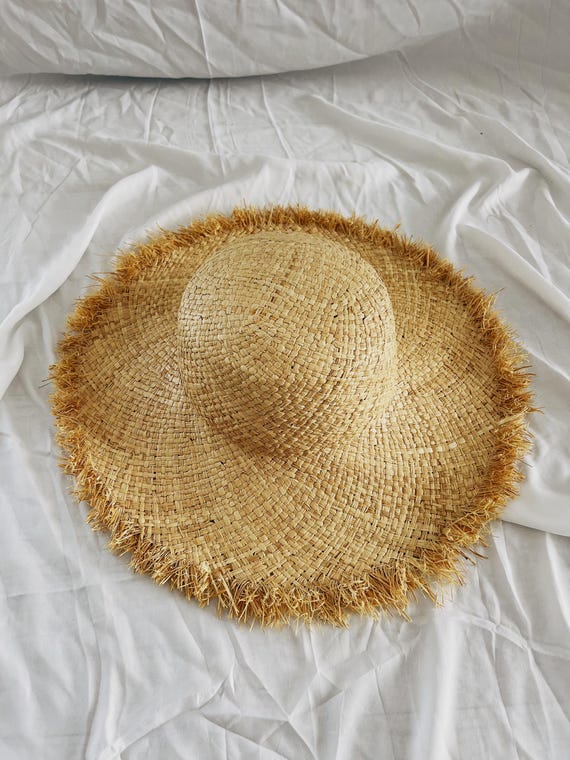 Natural Raffia Straw Floppy vintage hat, France wide brim hat,  fringe straw hat,beach hat, women hat,billabong straw hat