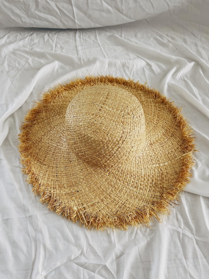 Naturlig raffiahalm Floppy vintagehatt, Frankrike hatt med bred brätte, stråhatt med fransar, strandhatt, damhatt, Billabong stråhatt bild 1