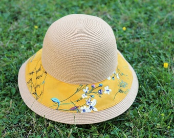 Blumen Hut, Fischerhut, faltbar, Strohhut mit breiter Krempe, Billabong Vintage, Frankreich Vintage, Hepburn Style Stroh, Damenhut, schwarz
