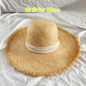 Naturlig raffiahalm Floppy vintagehatt, Frankrike hatt med bred brätte, stråhatt med fransar, strandhatt, damhatt, Billabong stråhatt bild 5