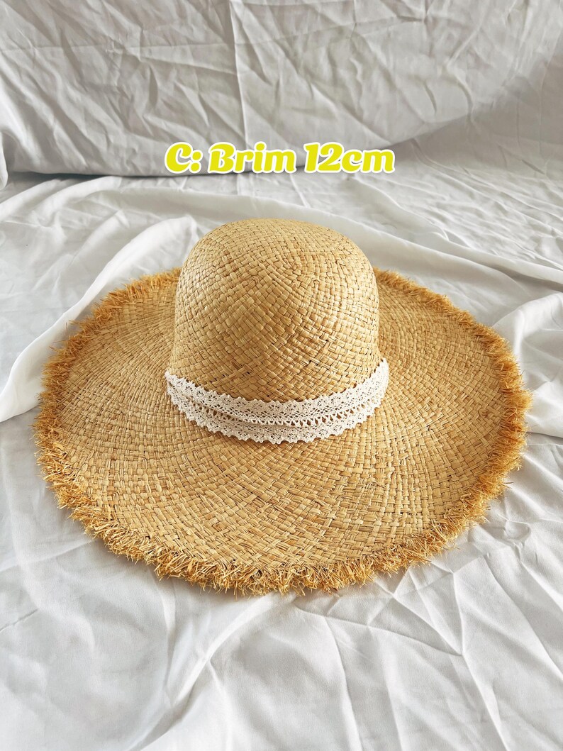 Naturlig raffiahalm Floppy vintagehatt, Frankrike hatt med bred brätte, stråhatt med fransar, strandhatt, damhatt, Billabong stråhatt bild 5