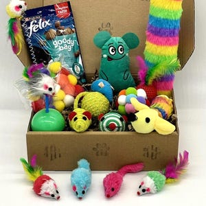 May include: A selection of cat toys and treats presented in a cardboard box. The toys include plush mice, balls, and a rainbow-coloured tube. The cat treats are in a blue and white bag.