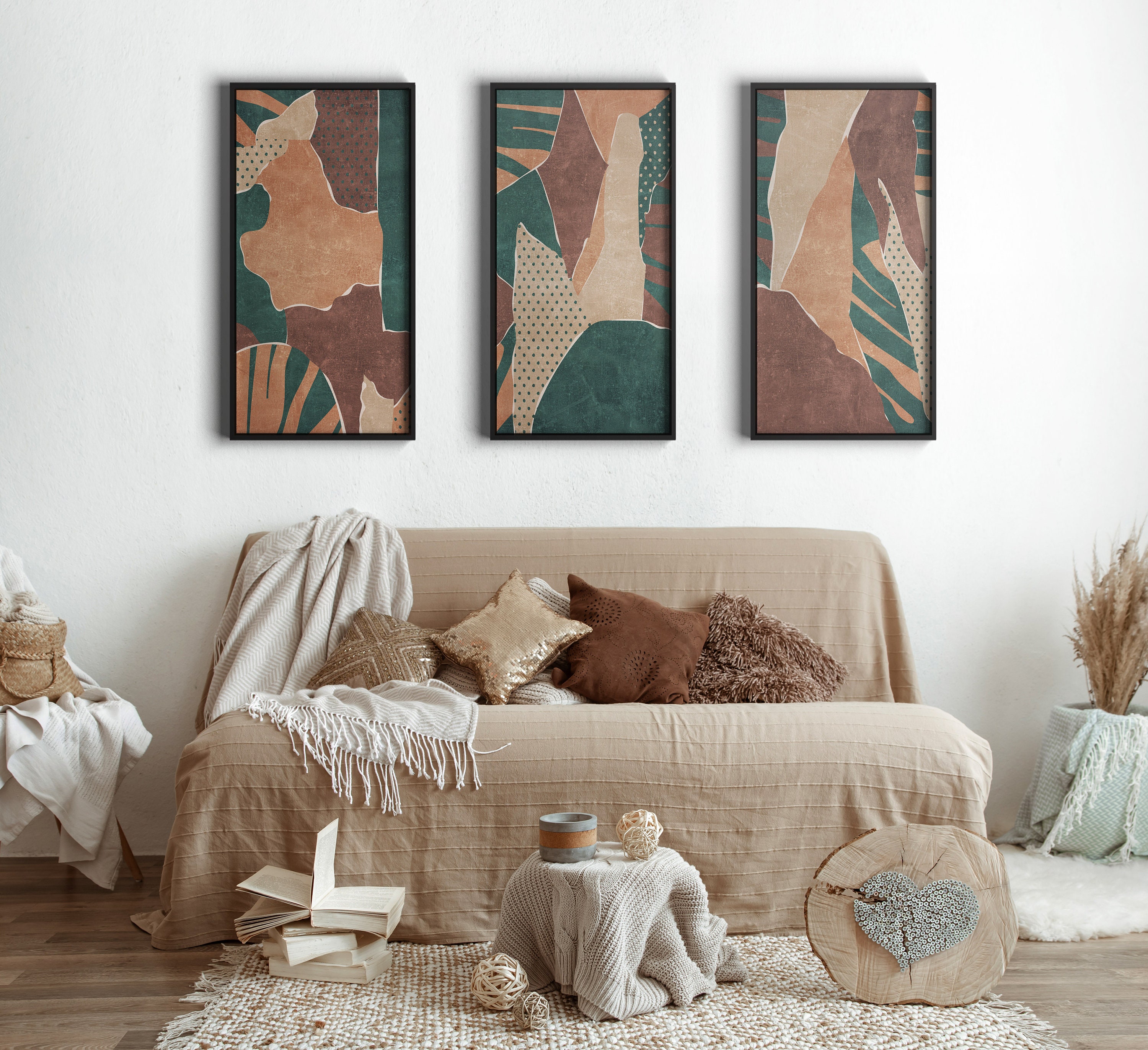 Set of 3 Prints Abstract Art Boho Wall Decor Green Prints Mid Etsy