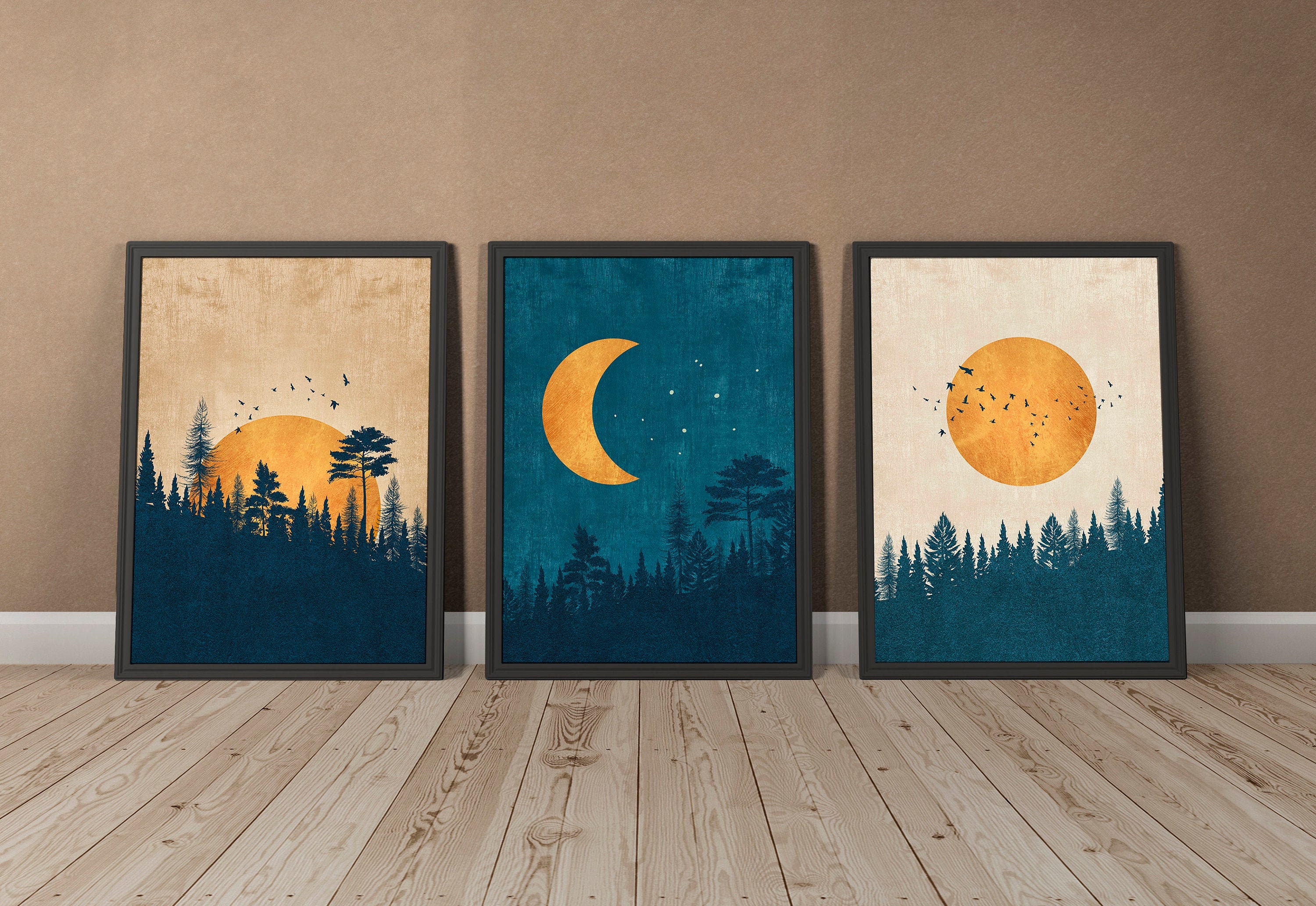 Printable Art Set of 3 Sun and Moon Wall Art Prints Boho Wall Etsy