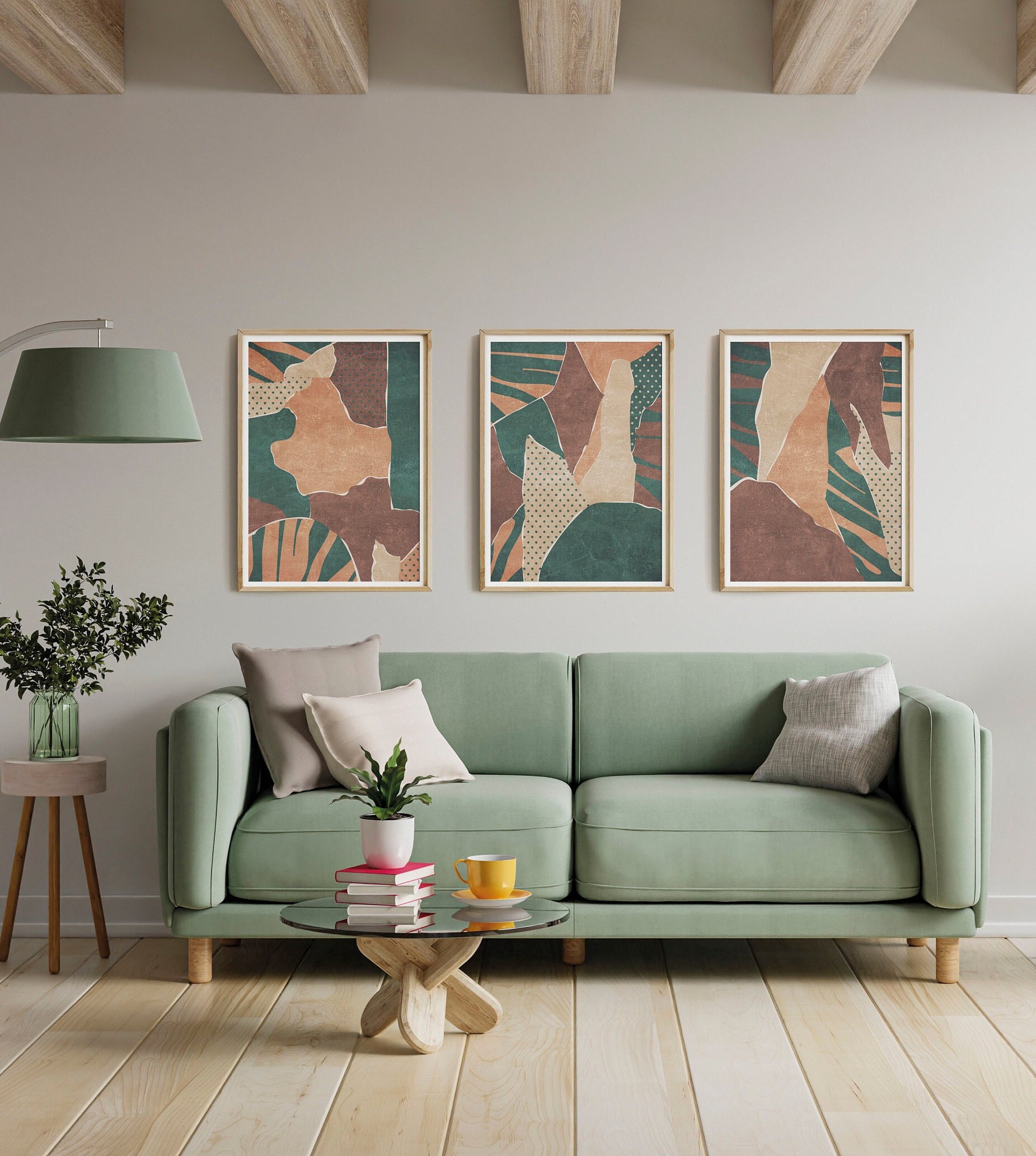Set of 3 Prints Abstract Art Boho Wall Decor Green Prints Mid | Etsy