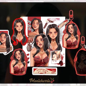 May include: A collection of stickers and acrylic keychains featuring an illustrated character with long dark hair, wearing a red and black striped top. The artwork includes the text "NO NO NO" and "ONE WISH WILLOW" with a cherry logo by Monicherrie.