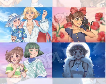 May include: A collage of four illustrations featuring anime characters. The top left image shows two characters, one with blonde hair and a red shirt, and the other with blue hair and a blue dress. The top right image shows a character with brown hair and a blue dress holding a black cat. The bottom left image shows two characters, one with brown hair and a green dress, and the other with green hair and a blue and green shirt. The bottom right image shows a character with brown hair and a white dress with a white fur collar.