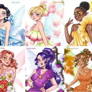 May include: Six illustrations of pixies, each with distinct characteristics and clothing. The "Blue Pixie" has long black hair and a blue dress. The "Tinker Pixie" has blonde hair and a pink and green outfit. The "Light Pixie" is in yellow. The "Rose Pixie" is in red.