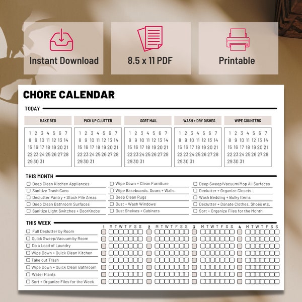 Chore Calendar | Chore Chart Printable | Monthly Chore Planner |  Daily Chore Tracker | Adult Chore Checklist | PDF | Cleaning Schedule