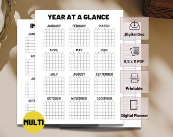 Year at a Glance Printable | Any Year Calendar Planner | 12-Month Planner | Blank Yearly Overview Template | PDF Letter Size | Seasonal