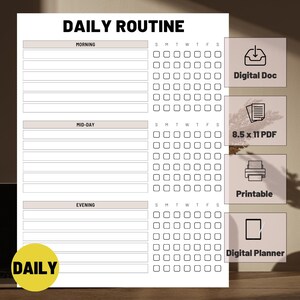 Peut inclure: Un planificateur de routine quotidienne imprimable avec des sections pour le matin, le midi et le soir. Le planificateur comprend des cases à cocher pour chaque jour de la semaine et est disponible en document numérique, PDF 8,5 x 11 pouces ou format imprimable.