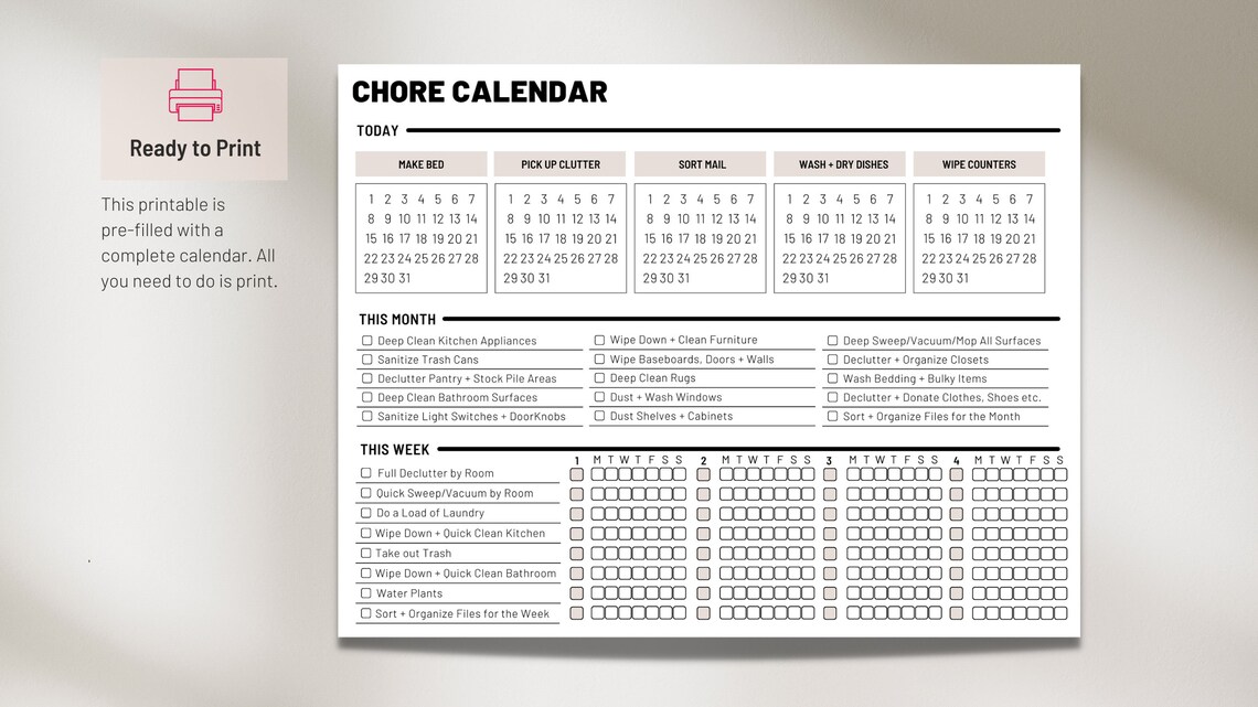 Chore Calendar Chore Chart Printable Monthly Chore Planner - Etsy