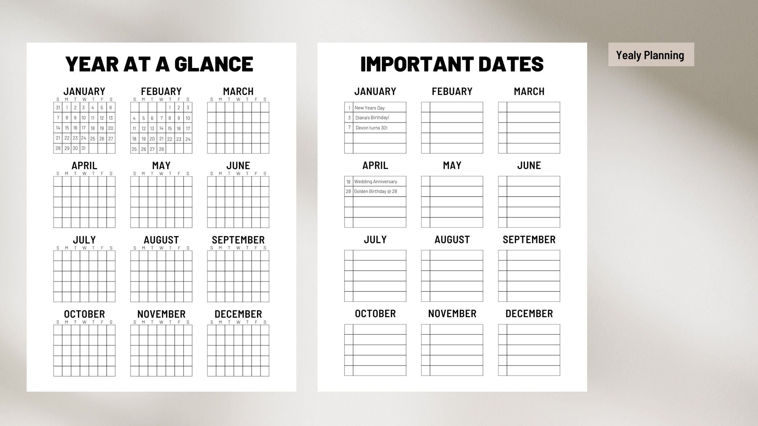 Year at a Glance Printable Any Year Calendar Planner 12-month Planner ...