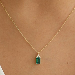 Gold Emerald Necklace, Yellow Gold Emerald Pendant, White Gold Emerald Charm, Rose Gold Emerald Jewelry, Emerald Cut Pendant