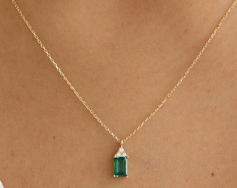 Gold Emerald Necklace, Yellow Gold Emerald Pendant, White Gold Emerald Charm, Rose Gold Emerald Jewelry, Emerald Cut Pendant