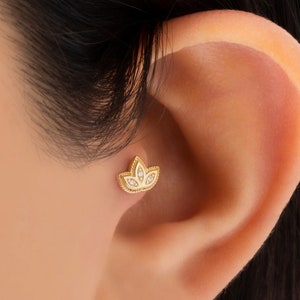 Lotus Yellow Gold Stud Earrings, Lotus Tunnels Piercing, Cartilage Earring, Helix Earring, Tragus Earring, Conch Earring, 30th Birthday Gift
