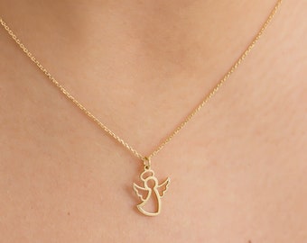 14K Yellow Gold Angel Necklace, Gold Angel Pendant, Good Luck Charm, Gold Layering Chain, Dainty Jewelry, Valentines Day Gift for Her