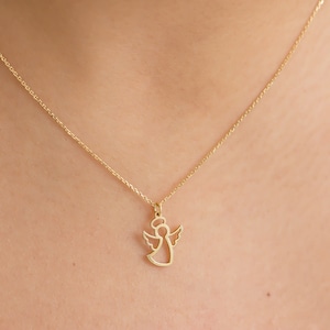 14K Yellow Gold Angel Necklace, Gold Angel Pendant, Good Luck Charm, Gold Layering Chain, Dainty Jewelry, Valentines Day Gift for Her