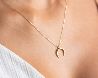 Collar de media luna de oro macizo de 14 k, colgante de media luna, dije de media luna de oro, luna creciente, collar minimalista, regalo de San Valentín para ella.