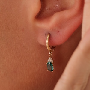 14k Gold Emerald Earrings, Wedding Earrings, Dainty Gold Earrings, May Birthstone Earrings, Gold Hoop Earrings, Anniversary Gift