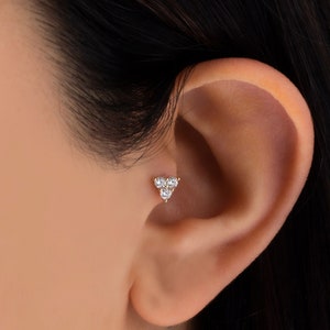 14K Solid Gold Three Stone Piercing, Gold Triangle Stud Earring, Tragus Piercing, Dainty Screw Back Gift For Her, Mothers Day Gift