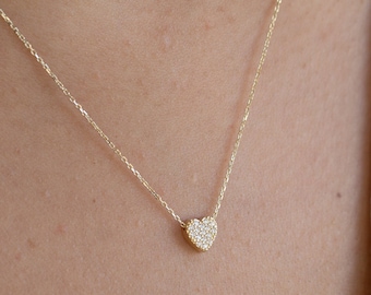 Collar de corazón pequeño de oro macizo de 14 k, delicado dije de corazón deslizante, collar con inicial de corazón pequeño, regalo de joyería artesanal para ella.