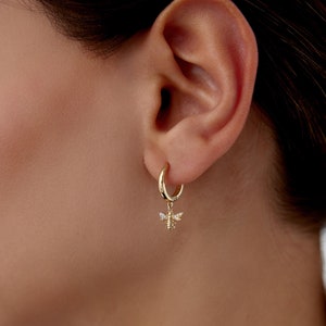 Gold Bee Earrings, 14K Gold Hoop Bee Earrings, Bee Charms,Dangle hoop Earrings, Mini Hoop Earrings, Handmade Jewelry Gift For Her