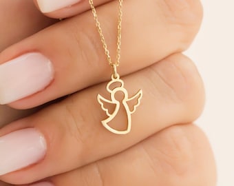 14K Yellow Gold Angel Necklace, Gold Angel Pendant, Good Luck Charm, Gold Layering Chain, Dainty Jewelry, Valentines Day Gift for Her
