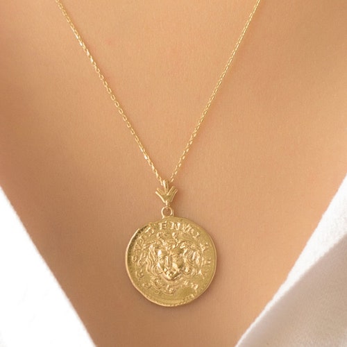 Chunky 14K Gold Goddess Coin Necklace 