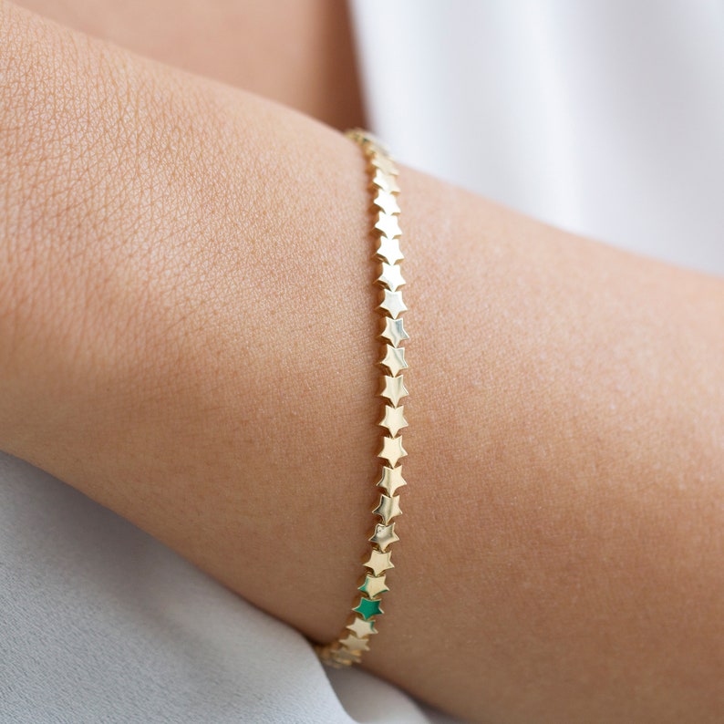 14k Solid Gold Multi Stars Bracelet Station Gold Star Etsy