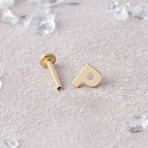 May include: A gold-colored body piercing stud and a separate letter "P" charm. The stud has a flat, round top and a long, thin post. The letter "P" is a solid, stylized design. Both pieces are on a light gray surface.